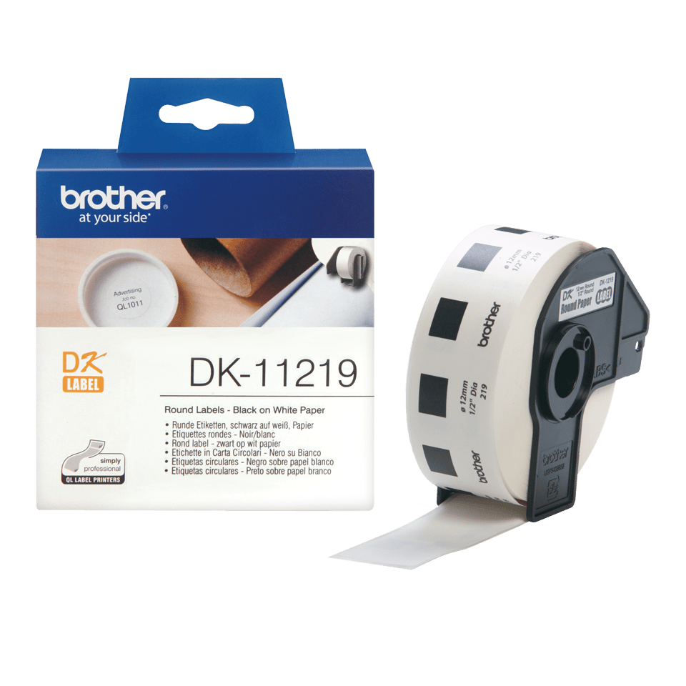 Brother DK11219: оригинальная кассета с лентой для печати круглых наклеек черным на белом фоне, диаметр: 12 мм.